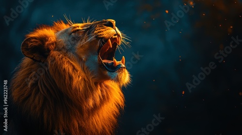 a wild lion roaring in nature, banner with space for text, showcasing wildlife concept