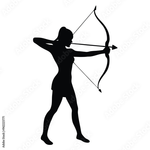 a female archer fighter in action pose, vividly capturing her holding a bow and arrow ready to strike, against an isolated white background 