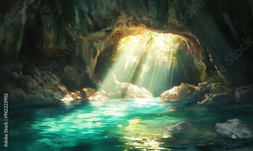 Sunlight Illuminates a Serene Cave Entrance with a Pool of Water