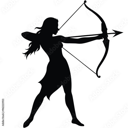a female archer fighter in action pose, vividly capturing her holding a bow and arrow ready to strike, against an isolated white background 