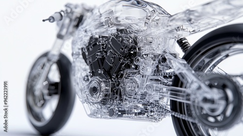 A detailed and realistic of a semi transparent motorcycle, showcasing its modern exterior and photo