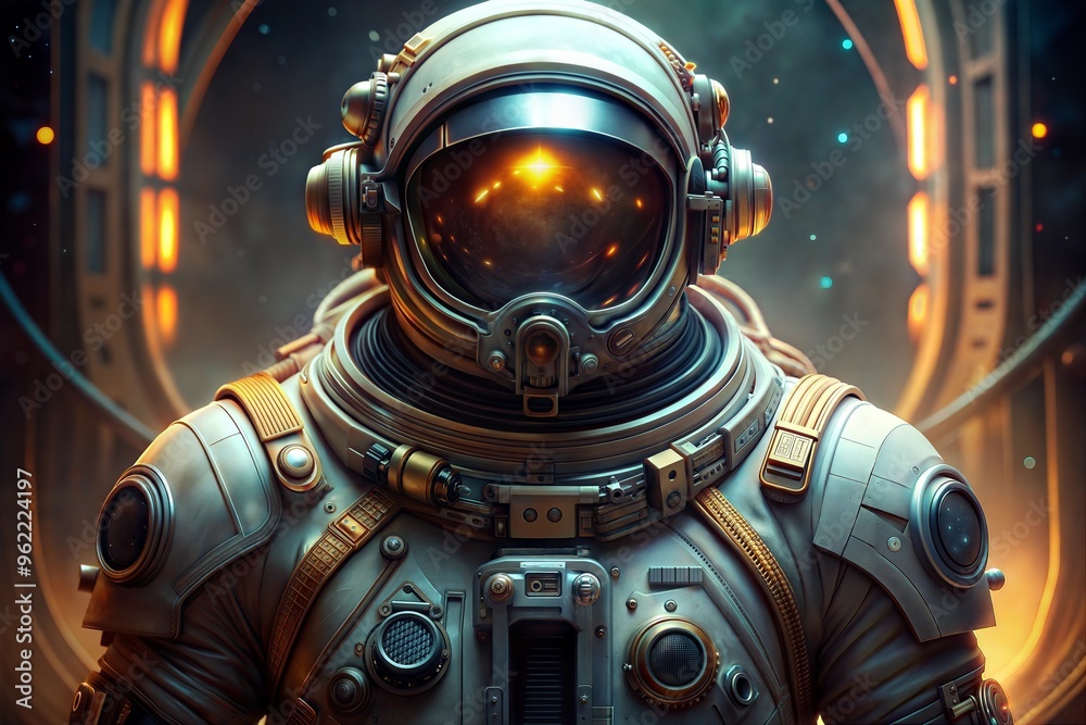 Futuristic portrait of astronaut in space suit glowing helmet lights Futuristic portrait of astronaut in space suit glowing helmet lights