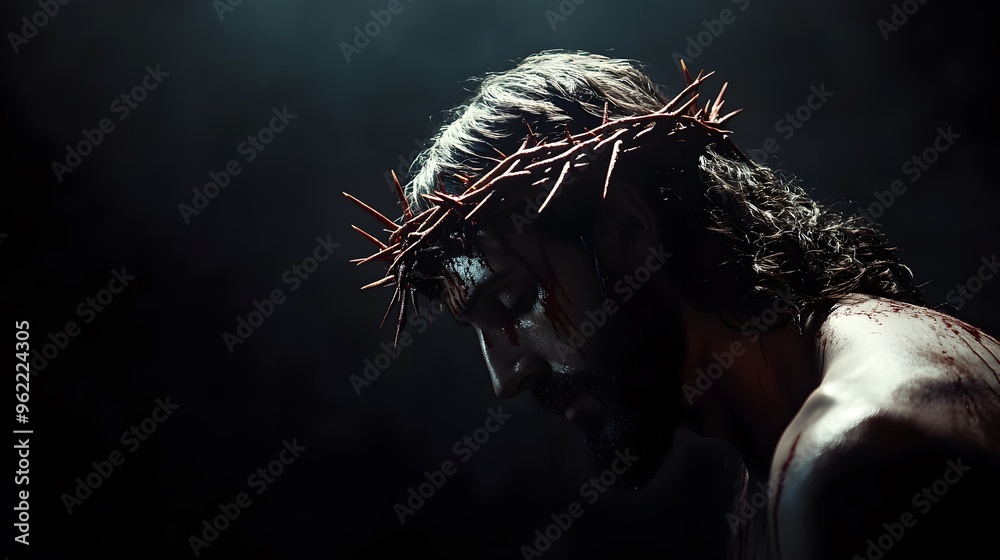 Jesus with a crown of thorns on his head, in side view, against a dark background Jesus with a crown of thorns on his head, in side view, against a dark background