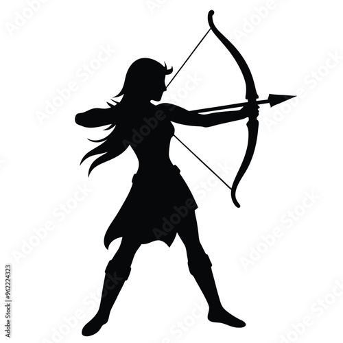 a female archer fighter in action pose, vividly capturing her holding a bow and arrow ready to strike, against an isolated white background 