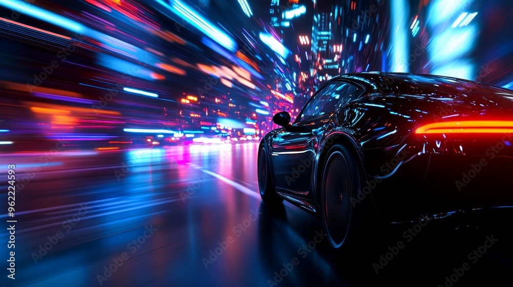 A sleek sports car races through a futuristic city at night, surrounded by vibrant neon lights. The car's speed and the city's energy create a dynamic and exciting visual. The image symbolizes progres A sleek sports car races through a futuristic city at night, surrounded by vibrant neon lights. The car's speed and the city's energy create a dynamic and exciting visual. The image symbolizes progres