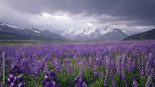   A field of purple flowers in front of a snow-capped mountain range in the distance
