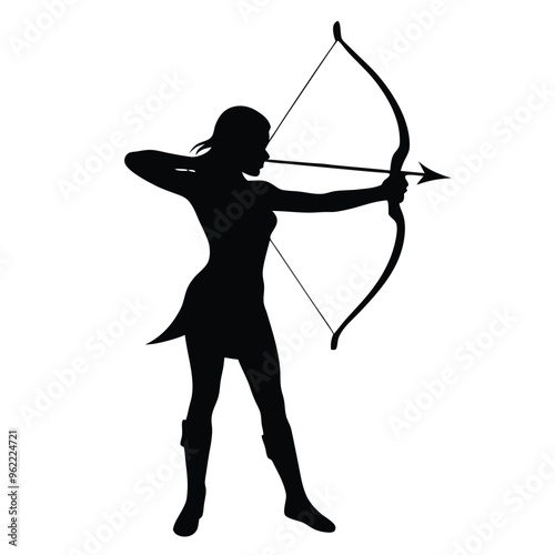 a female archer fighter in action pose, vividly capturing her holding a bow and arrow ready to strike, against an isolated white background 