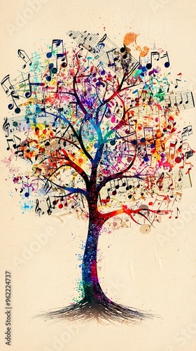 A tree featuring streaks of vibrant colors and musical notes, symbolizing the embrace of artistic creativity, depicted in a vivid and imaginative modern style.