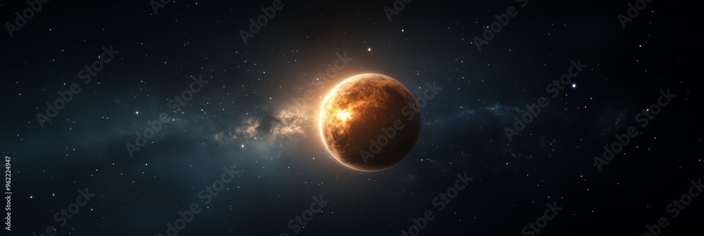 Fototapeta premium A solitary planet, radiating a warm golden glow, is depicted against a vast, dark expanse of space sprinkled with countless stars. The planet's surface appears rugged, hinting at a rich history of geo