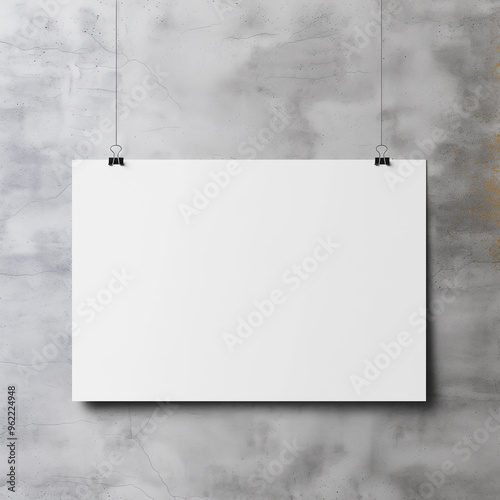 Mockup of a 3x2 unframed horizontal poster on concrete wall background. Artwork, art print, wall art mockup. Blank sheet of paper with copy space, minimalist, simple.