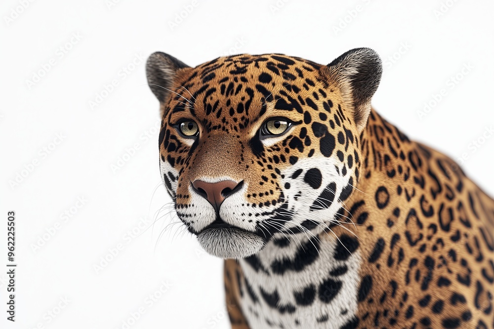 Obraz premium A dynamic 3D of a jaguar in a view, displaying its detailed fur pattern and intense gaze. The jaguar
