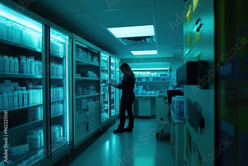 Biologic coordinator coordinating research samples with copyspace, labeled vials neatly organized. Bright, fluorescent light. Advanced research facility background. photo