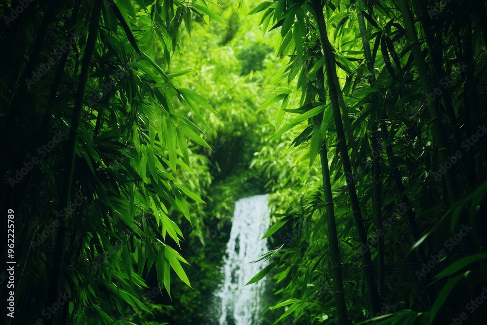 Fototapeta premium A tranquil scene of a waterfall cascading through a dense bamboo forest, symbolizing peace, serenity, nature's beauty, renewal, and tranquility.