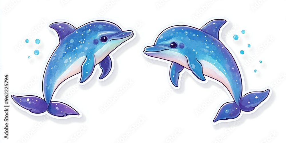 Fototapeta premium dolphins marine life ocean aquatic sea animals playful dolphins cartoon dolphins animal illustration sea creatures underwater colorful dolphins dolphin duo oceanic art 