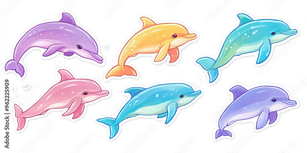 Fototapeta premium dolphin marine life ocean aquatic animals colorful dolphins cartoon dolphins playful dolphins sea creatures underwater animals tropical sea life dolphin illustration