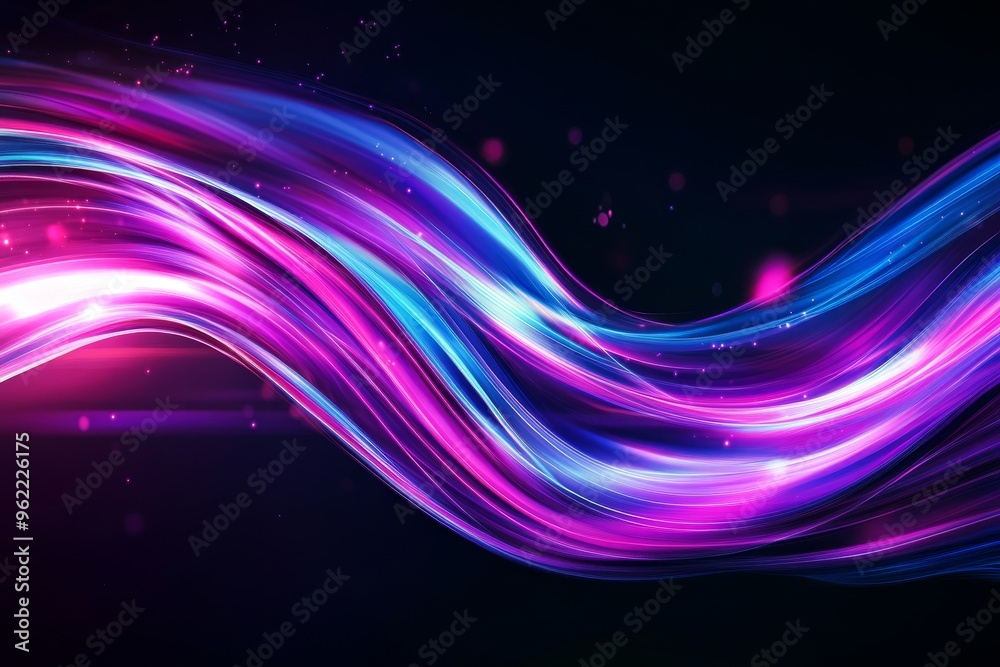 A vibrant abstract background featuring a wave of neon light in shades of pink and blue. The wave creates a sense of movement and energy, while the dark background adds a sense of mystery. The image i