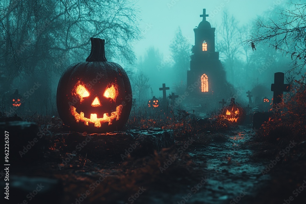 Fototapeta premium Abandoned scary house near the cemetery in the forest with pumpkins, a full moon, bats and fog. Pumpkins In Graveyard In The Spooky Night, Halloween Backdrop