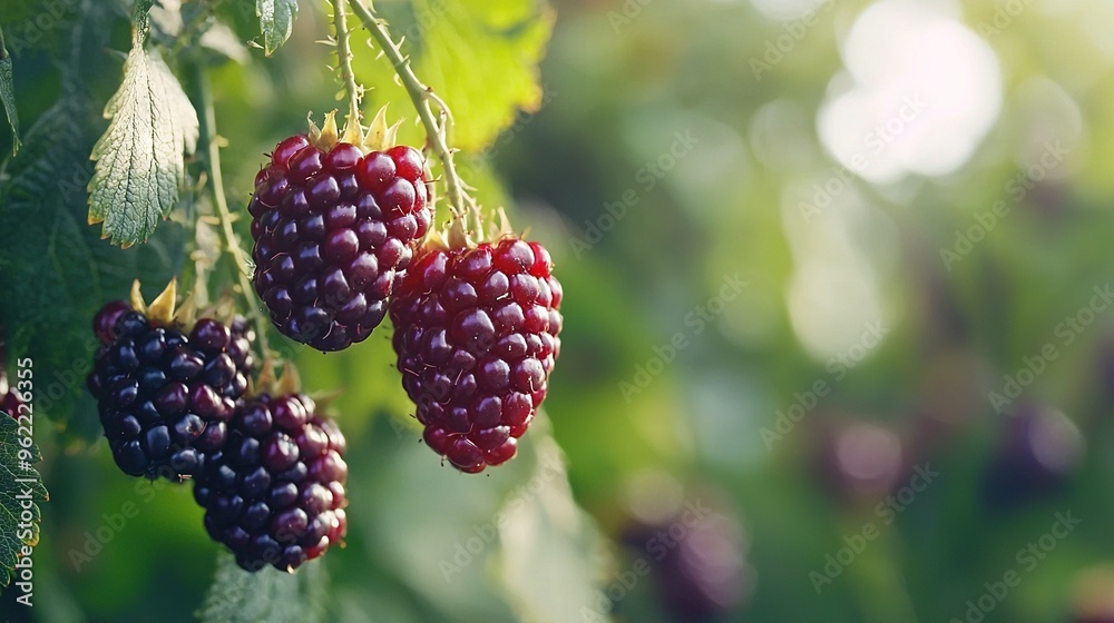 A luscious cluster of raspberries swaying from a tree's limb, with verdant foliage and ripe fruits nestled in the foreground A luscious cluster of raspberries swaying from a tree's limb, with verdant foliage and ripe fruits nestled in the foreground