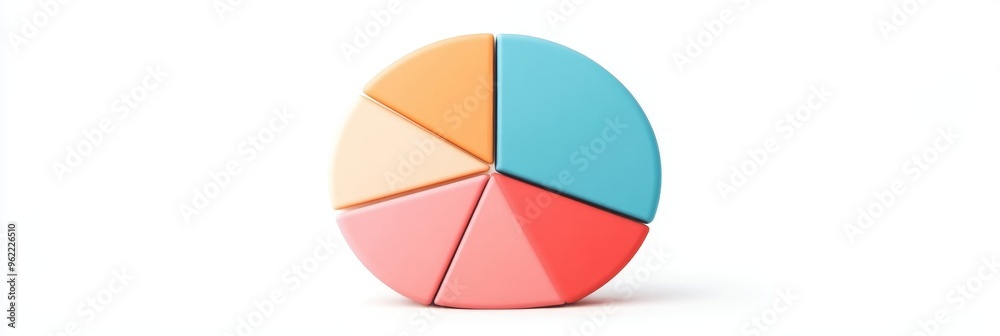Obraz premium A vibrant pie chart divided into five sections, representing different aspects of a business plan. It symbolizes data analysis, planning, strategy, growth, and market share.