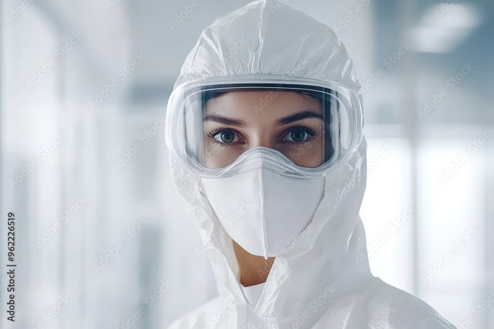 Biologic coordinator overseeing a lab experiment with copyspace, wearing protective gear. Clinical, white light. Sterile, state-of-the-art lab background. Biologic coordinator overseeing a lab experiment with copyspace, wearing protective gear. Clinical, white light. Sterile, state-of-the-art lab background.