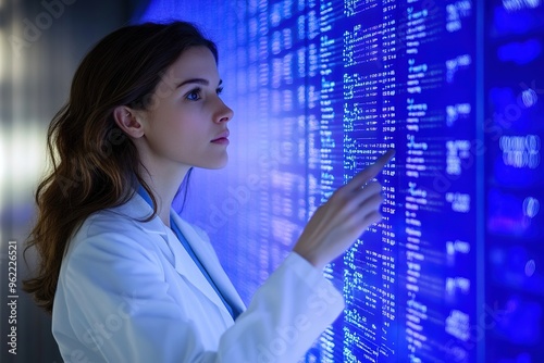 Biologic coordinator reviewing research data on a large screen with copyspace, DNA sequences displayed. Dim, focused lighting. Futuristic laboratory environment background. photo