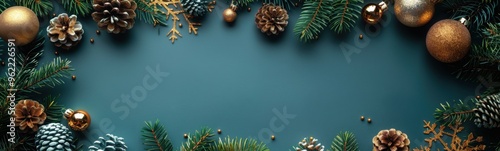 Christmas decorations on a green background with pine cones and fir branches