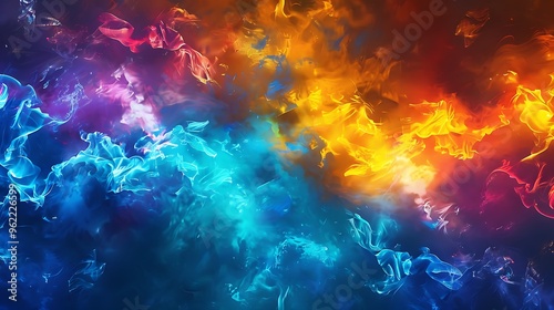 abstract fire with a vibrant mix of blue, neon, yellow, and other colors blending together in the background