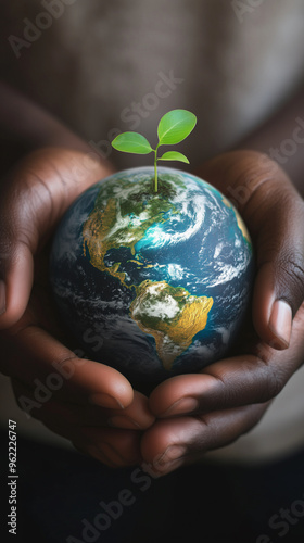 Earth Gently Held by Human Hands with Growing Plant – Symbol of Sustainability and Environmental Care