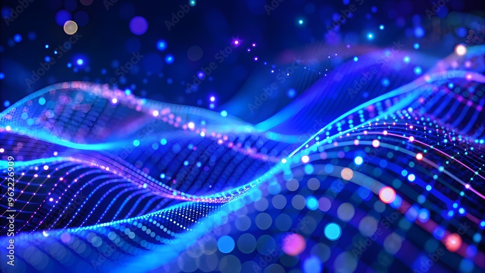 Particle stream. Blue, purple background with many glowing particles. Information technology background. Abstract digital wave Particle stream. Blue, purple background with many glowing particles. Information technology background. Abstract digital wave