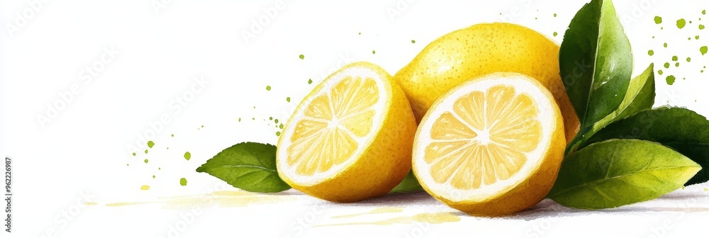 A watercolor illustration depicting a whole lemon, two lemon slices, and green leaves. It symbolizes freshness, zest, citrus, and natural beauty. A watercolor illustration depicting a whole lemon, two lemon slices, and green leaves. It symbolizes freshness, zest, citrus, and natural beauty.