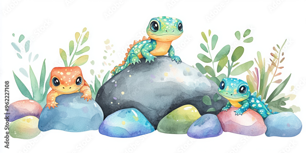 Naklejka premium frogs rocks colorful frogs green frog orange frog blue frog cartoon frogs nature amphibians wildlife cute animals illustration vibrant colors playful frogs stones