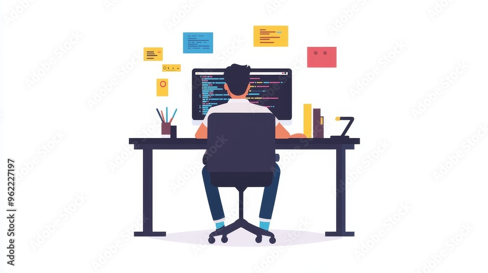A web developer is seated at a modern desk, focused on their work. They are surrounded by tools and reminders, showcasing the dedication and organization involved in the profession. The image captures A web developer is seated at a modern desk, focused on their work. They are surrounded by tools and reminders, showcasing the dedication and organization involved in the profession. The image captures
