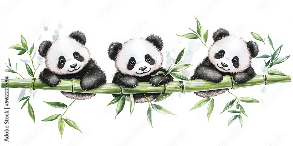 Obraz premium panda cute panda adorable pandas bamboo animal illustration cartoon pandas playful pandas wildlife art panda family digital art animals in nature cartoon animals 