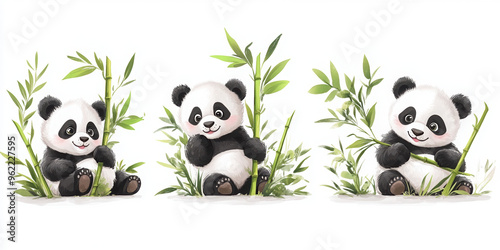 panda cute panda bamboo animal wildlife cartoon illustration baby panda three pandas panda family adorable animals nature playful pandas forest animals 