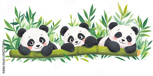 panda bamboo cute animal wildlife cartoon illustration three pandas happy pandas adorable animals nature art baby pandas playful pandas forest theme 