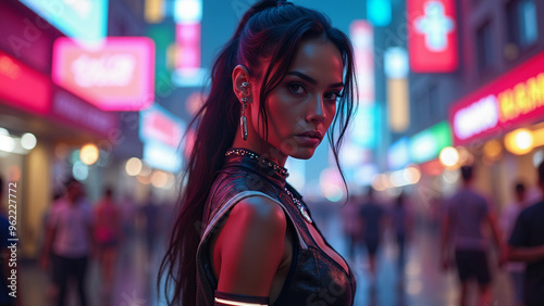 Incredibly beautiful girl in cyberpunk style with Japanese signs on the background. Neon style