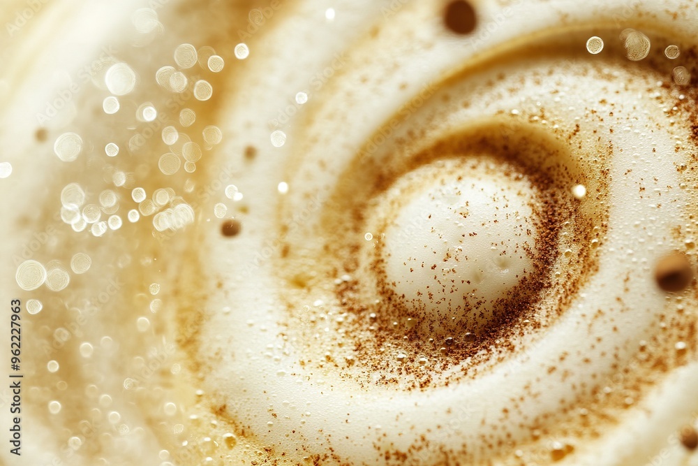 Cinnamon swirling into a frothy latte with copyspace, delicate steam rising. Cinnamon swirling into a frothy latte with copyspace, delicate steam rising.