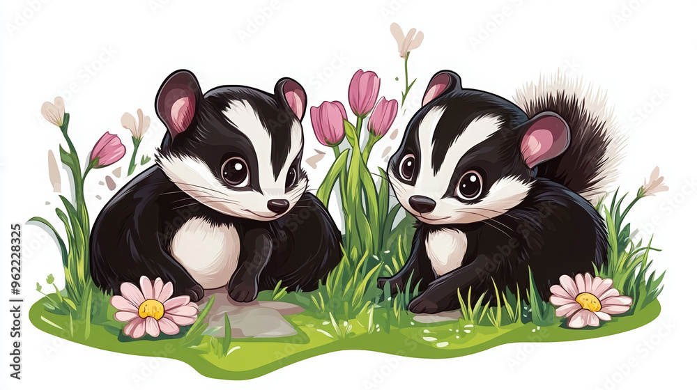 Fototapeta premium badger animal cute wildlife nature grass cartoon illustration furry mammals two badgers playful badgers animal friends forest creatures adorable animals