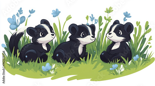 cute animal skunk cartoon illustration nature wildlife character greenery playful plants flowers graphic design art adorable fun forest illustration art animal stickers outdoor scene  photo