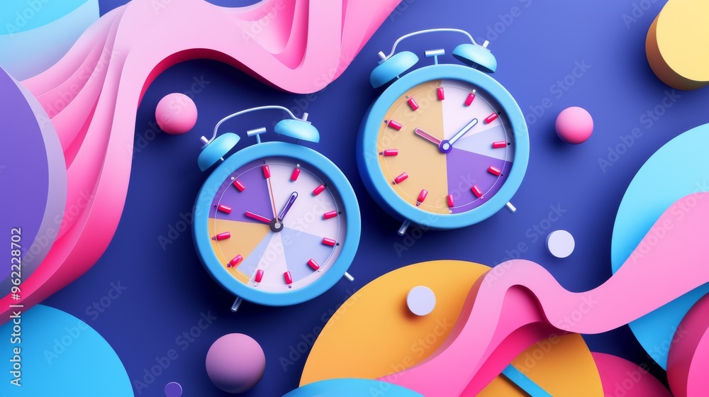 Bright and colorful twin-bell alarm clocks set against a playful, vibrant abstract background. The lively mix of colors and patterns creates an energetic and fun atmosphere, perfect for a modern or Bright and colorful twin-bell alarm clocks set against a playful, vibrant abstract background. The lively mix of colors and patterns creates an energetic and fun atmosphere, perfect for a modern or