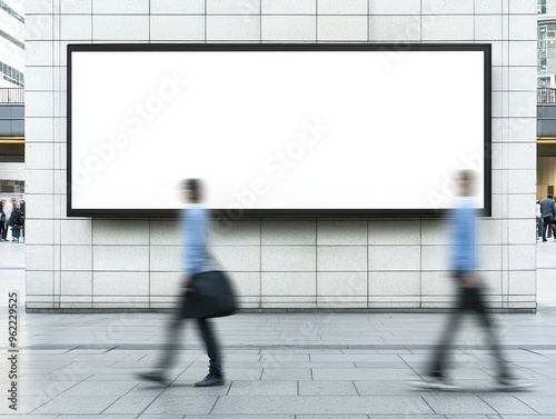 Blurred People Walking Past Blank Billboard on Modern Tile Wall