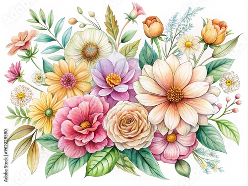 Hand-drawn Organic Illustrations of Blooming Flowers in Soft Watercolor Colors with Whimsical Style and Technical Vector Quality