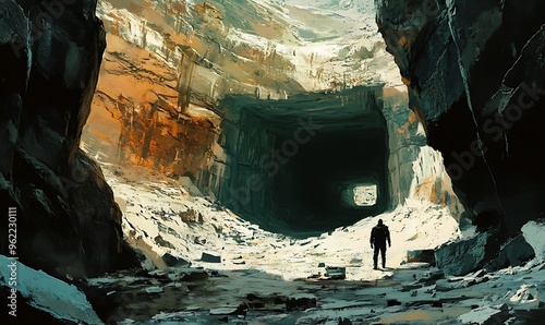 Solitary Figure Standing at the Mouth of a Dark Tunnel in a Rocky Landscape