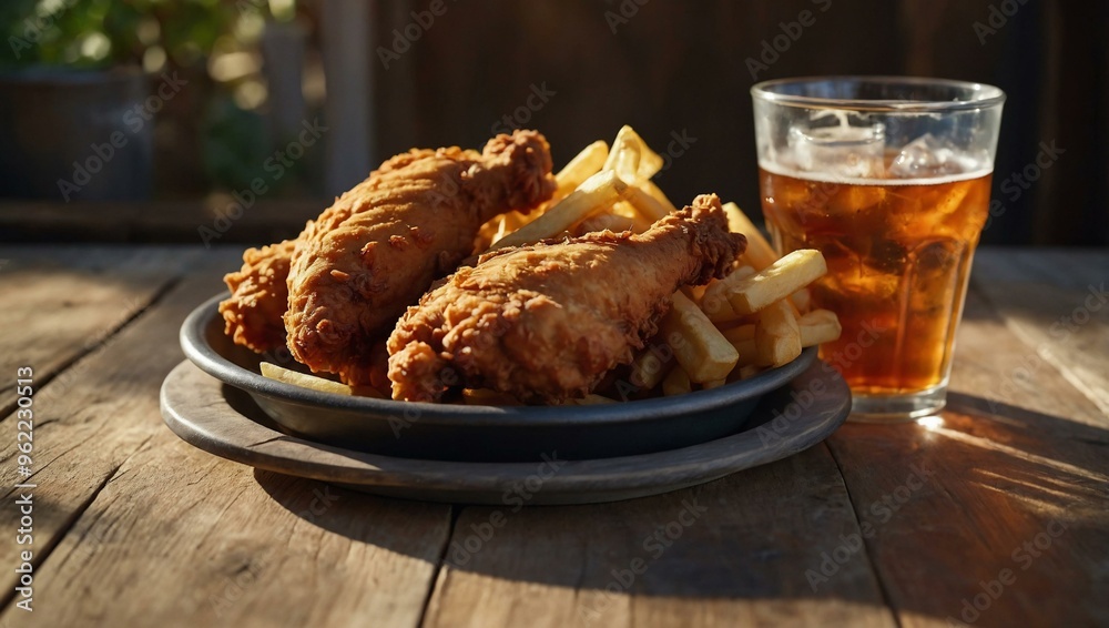 Spicy deep-fried chicken and French fries, served with a soda, on a wooden table bathed in sunlight. Space for additional text. Spicy deep-fried chicken and French fries, served with a soda, on a wooden table bathed in sunlight. Space for additional text.