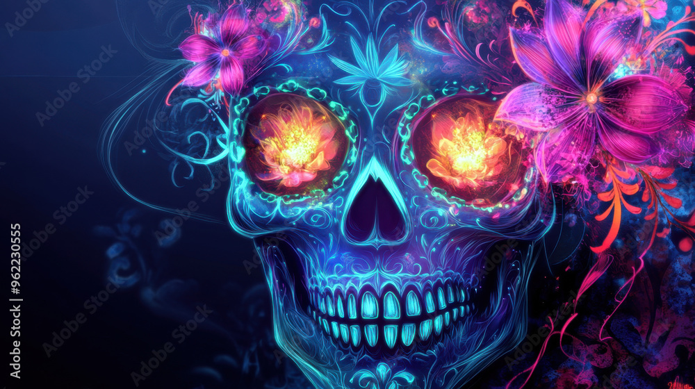 Fototapeta premium Vibrant and colorful sugar skull artwork with floral embellishments, symbolizing the Day of the Dead. Detailed neon skull illustration.