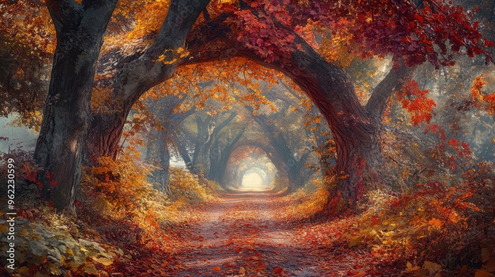 A delightful October scene with a forest path covered in fallen leaves A delightful October scene with a forest path covered in fallen leaves