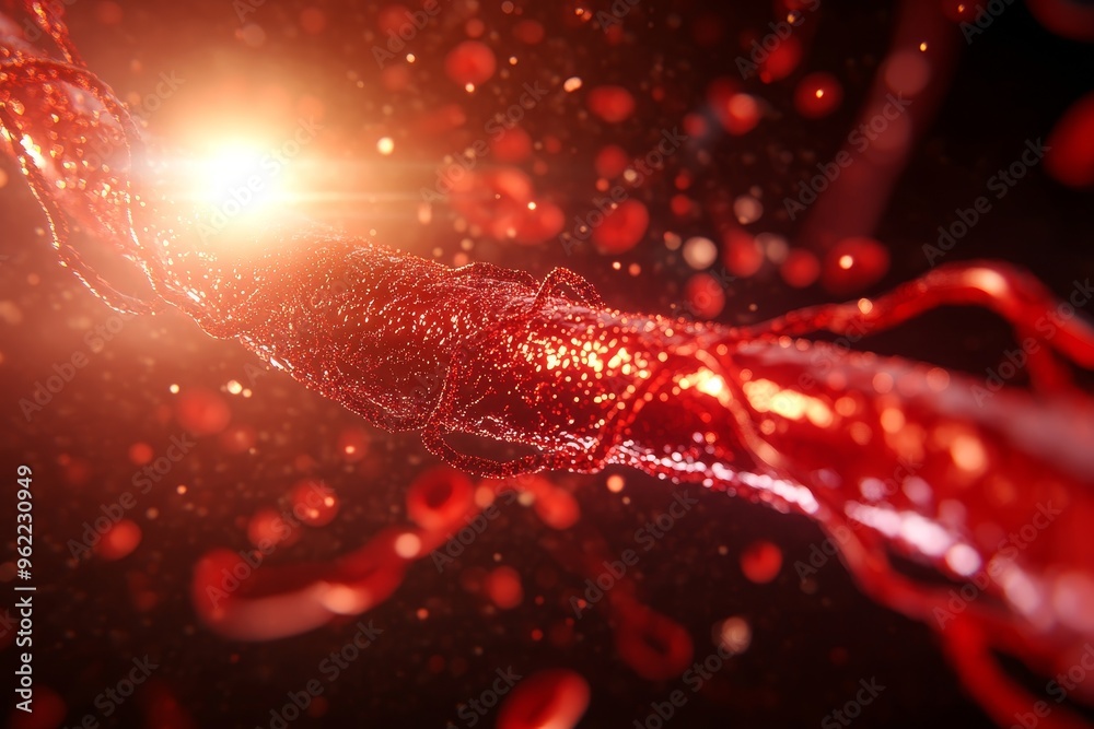 A 3D illustration of blood flowing through an artery, showcasing the intricate network of blood vessels and the vibrant red color of blood. This image symbolizes the vital role of the circulatory syst A 3D illustration of blood flowing through an artery, showcasing the intricate network of blood vessels and the vibrant red color of blood. This image symbolizes the vital role of the circulatory syst