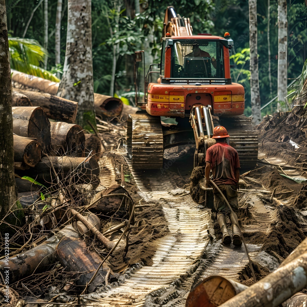 Fototapeta premium Logging Operation in Rainforest with Excavator and Worker