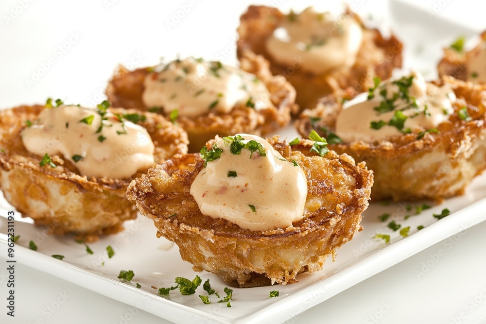 Deep fried clams arranged in a gourmet style with copyspace, drizzled with aioli sauce. Deep fried clams arranged in a gourmet style with copyspace, drizzled with aioli sauce.