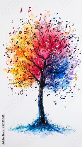 A vivid tree enveloped in a multitude of colorful musical notes, intricately representing the unity and dynamic expression of music and nature through striking visual art. photo